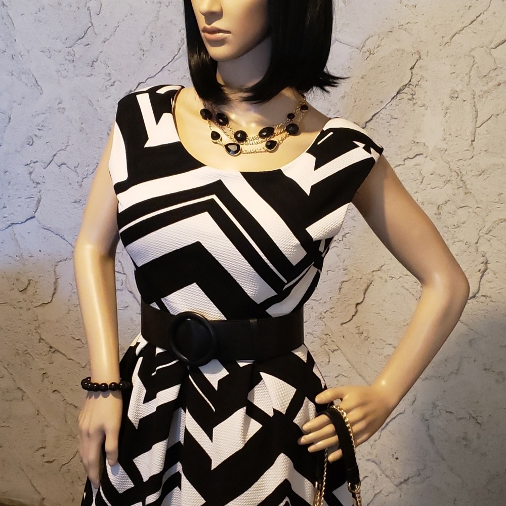 4 ITEMS - Black & white dress w/accessories